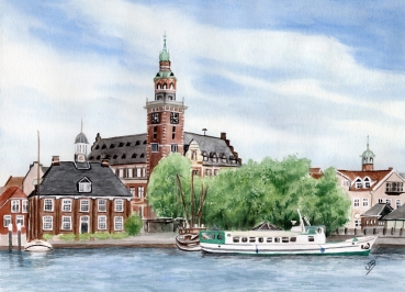 Poster DIN-A4 Aquarell Maritim Kunst Druck Kunstdruck Nordsee Ostfriesland Rathaus Leer